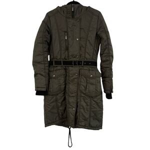 Monton Women's Hooded Coat Size M Adjustable Belt Brown Winter Fur Trim Hood